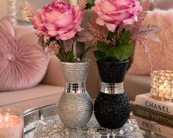 Handmade Glam Glitter Vase Set | Black & Silver Decorative Vase | Mirror Mosaic Centerpiece | Luxury Coffee Table Decor | Sparkly Home Accen