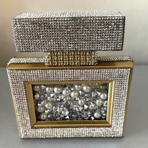 Glam Gold Perfume Bottle Shadow Box: Rhinestone & Pearl Decor, Fairy Lights Option