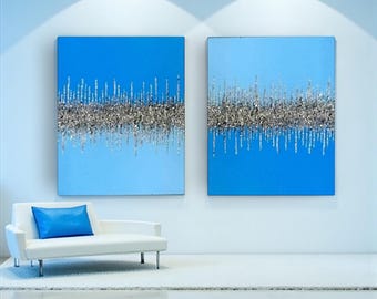 Pale Blue, Bright Blue Glitter Painting: Crushed Glass Glam Wall Decor