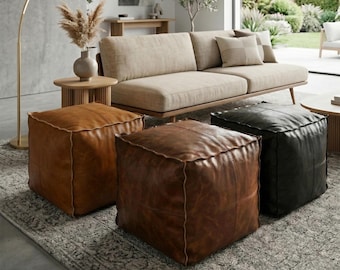 Handmade Vegan Leather Pouf - Ottoman Floor Cushion - Home Decor