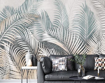 Soft Leaf Wallpaper - Beige Peel and Stick - Living Room Decoration - Tropical Leaf Wall Mural - Removable Vinyl Wall Murals