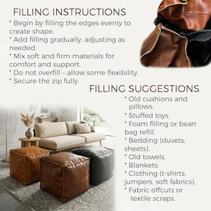 May include: Image shows instructions and suggestions for filling a leather cube pouf. The text includes filling instructions and filling suggestions such as old cushions, stuffed toys, and fabric scraps. Three leather poufs are in the foreground.