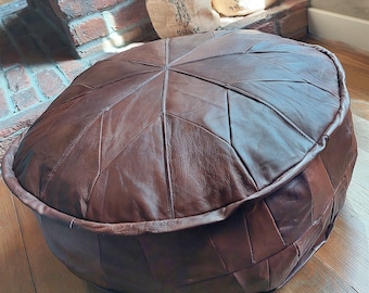 Handmade Moroccan Leather Pouf: Brown Ottoman Floor Pillow
