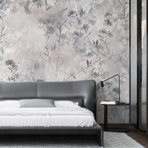 Soft Elegant Grey Wallpaper - Floral Wallpaper - Vinyl Wallpaper - Floral Wall Mural - Peel and Stick - Self Adhesive Removable