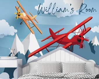PERSONALISED WALLPAPER, Airplane Wallpaper for Kids Room, Removable Peel and Stick Name Kids Wallpaper, Nursery Wall Mural, Kid&#39;s Room Decor