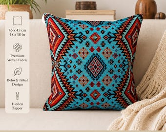 Turquoise Aztec Cushion Cover Boho Tribal Decorative Pillow 45x45 cm
