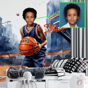 CARTA DA PARATI PERSONALIZZATA, Carta da parati con giocatore di basket, Carta da parati staccabile e adesiva, Il tuo murale fotografico, Decorazione murale con motivo basket per figlio