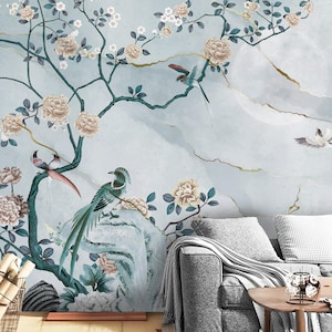 Asian Style Wallpaper with Chinoiserie / Removable Traditional Peel Stick / Self Adhesive Removable