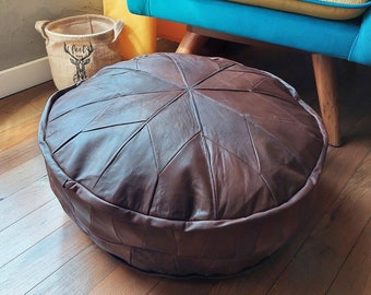 Handmade Genuine Leather Moroccan Pouf: Round Ottoman Footstool