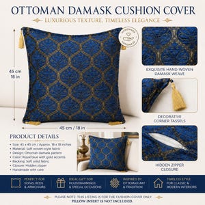 Peut inclure: Housse de coussin ottoman damas, 45 x 45 cm, bleu roi avec des accents dorés. Tissu tissé, fermeture éclair cachée et glands décoratifs. Fait à la main, idéal pour canapés, lits et fauteuils.