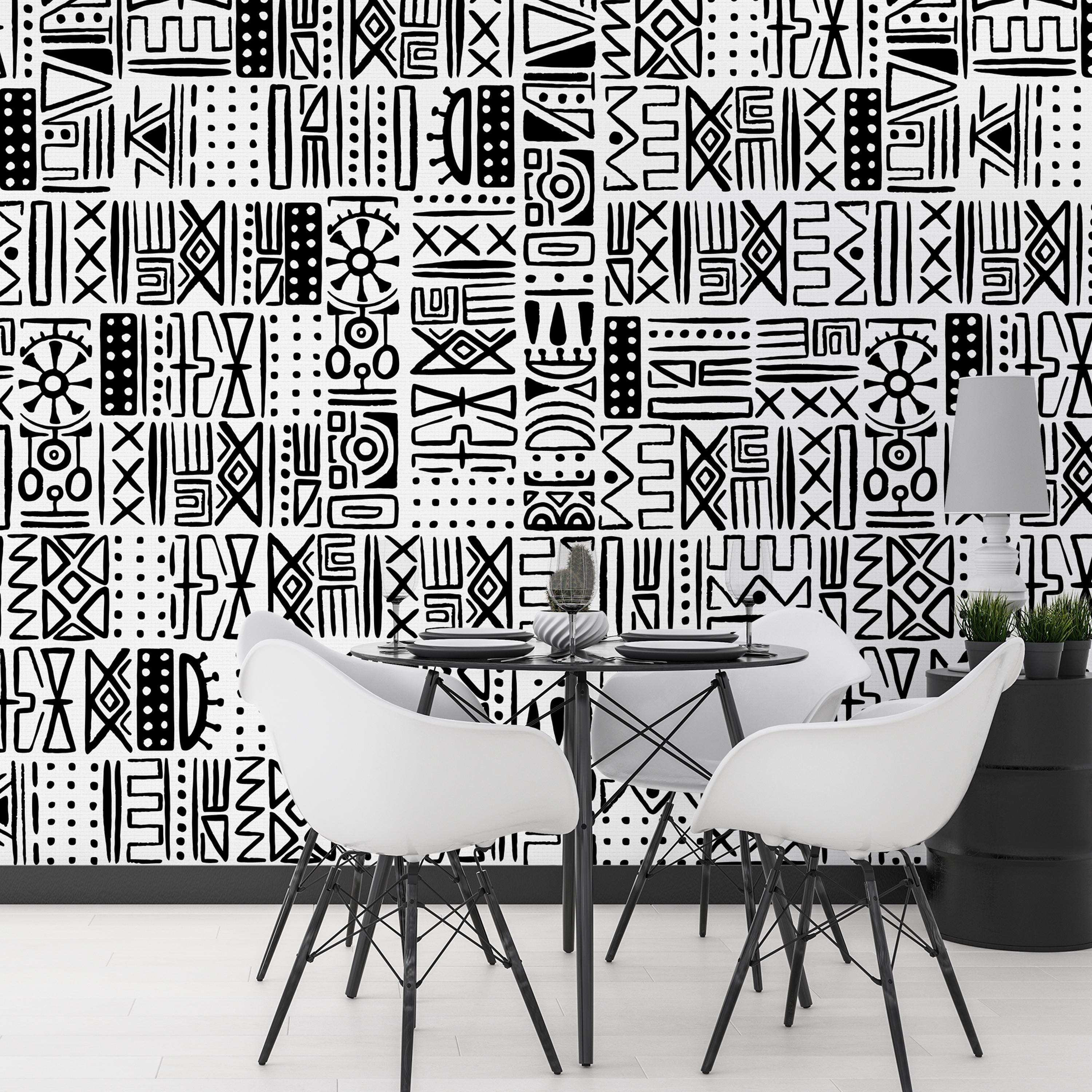 MODERN AFRICAN PATTERNS Wallpaper, Elegance Wall Mural, Home Decor with African Patterns for Living Room - Black and White Home Decoration