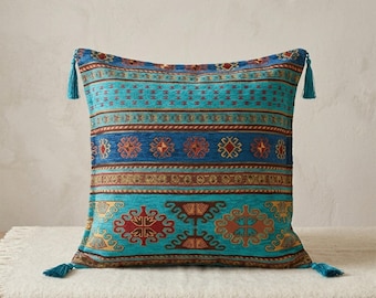 Handwoven Kilim Pillow Cover 45x45 cm Bohemian Tribal Cushion Turkish Rug Style
