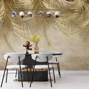 Decorazione da parati botanica - Carta da parati murale con foglie tropicali dorate - Carta da parati di lusso per soggiorno - Decorazione da parete esclusiva