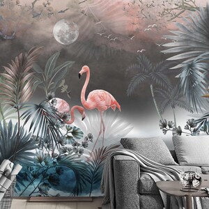 Vintage Pink Flamingo Retro Bird Wallpaper - Luxury Tropical Wall Decor - Removable Peel and Stick or Permanent Traditional Wall Mural