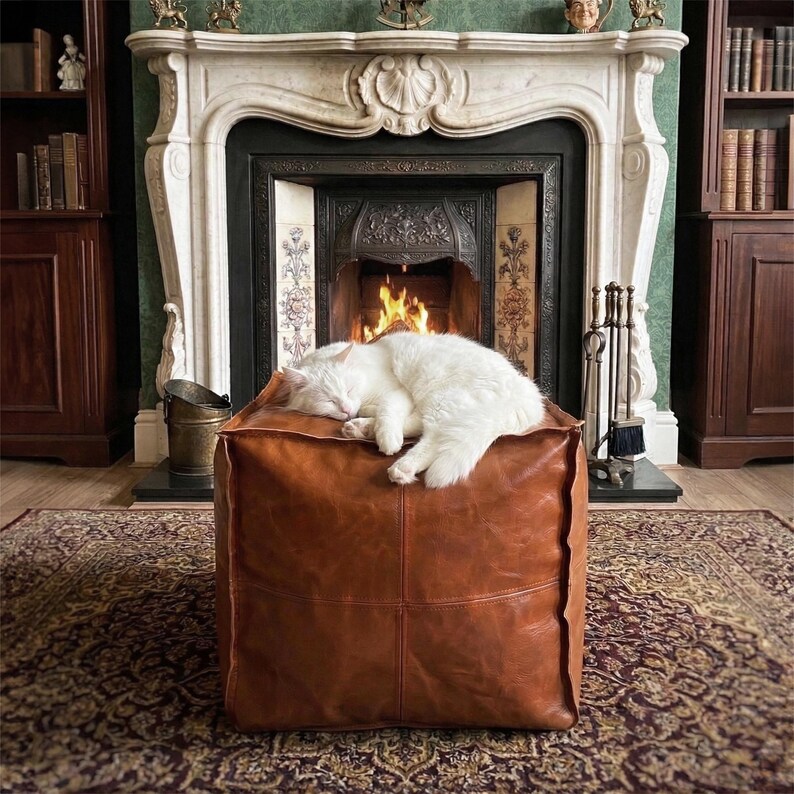Handmade Pouf - Calming Pet Bed for Cat or Small Dog - Unstuffed Vegan Leather Ottoman tan