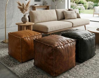 Square Ottoman Pouf - Handmade Leather Minimal Decor 42x42x42 cm Footstool (Unstuffed)