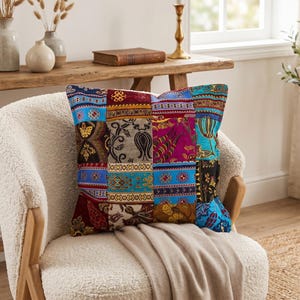 Colourful Patchwork Cushion Cover 45x45cm Handmade Woven Decorative Pillow Case Scatter Cushion