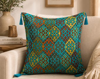 Turkish Kilim Cushion Cover 45x45 cm Boho Tassel Pillow Sofa Decor UK
