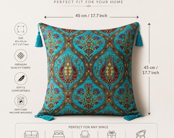 Bohemian Turkish Pillow Cover, Teal Ottoman Cushion, Decorative Tassel Pillow