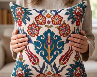 Turkish Iznik Cushion Cover 45x45 cm Boho Ottoman Floral Pillow Case