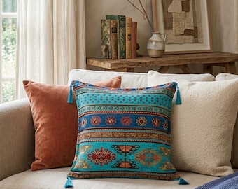 Handmade Velvet Embroidered Cushion Cover 18"x18" Ethnic Pillow Boho Hand Woven Shams Decorative