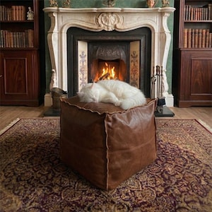 Handmade Pouf - Calming Pet Bed for Cat or Small Dog - Unstuffed Vegan Leather Ottoman Brown