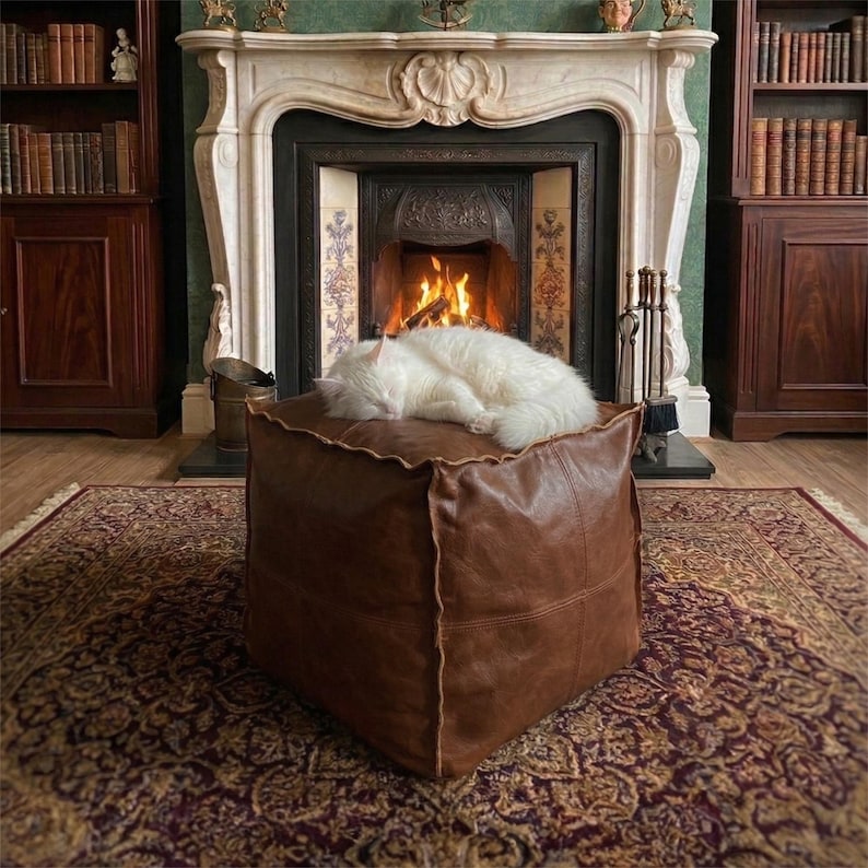 Handmade Pouf - Calming Pet Bed for Cat or Small Dog - Unstuffed Vegan Leather Ottoman Brown