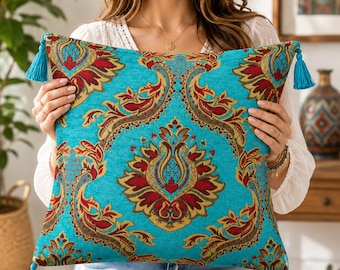 Turquoise Paisley Cushion Cover 45x45cm Tassel Decorative Sofa Pillow