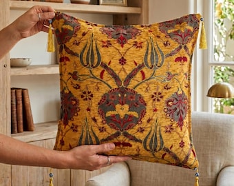 Cotton Embroidered Cushion Cover / Rustic Vintage Throw Pillow / 18"x18" Room Decor Sofa Art