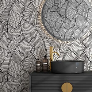Carta da parati in vinile con foglie in bianco e nero, staccabile e adesiva, rimovibile, non incollata, con foglie di Monstera scandinave, carta da parati autoadesiva per camera da letto e bagno