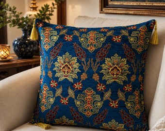 Blue Turkish Cushion Cover 45x45cm Ottoman Pillow Cover Tassel Boho Home Decor Gift