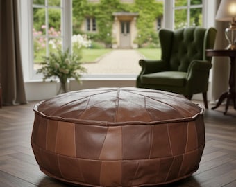 Handmade Genuine Leather Moroccan Pouf - Custom Name Round Ottoman Footstool