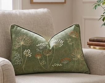 Sage Green Pillow Cover, Wildflower Embroidery Botanical Cushion Case, Lumbar Nature Inspired Home Decor