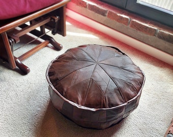 Handmade Genuine Leather Moroccan Pouf: Round Ottoman Footstool (Unstuffed)