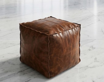 Handmade Vegan Leather Pouf - Cubes Ottoman Footstool - Tan Brown Black Unstuffed Leathers