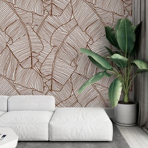 Minimalist Leaf Beige Brown Wallpaper Vinyl Peel & Stick Removable, Unpasted, Scandinavian Monstera Leaves Self Adhesive Wallpaper Bathroom