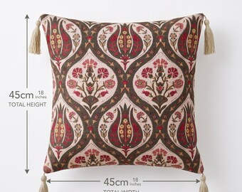 45x45cm Turkish Floral Cushion Cover with Tassels, Boho Decorative Pillow Case