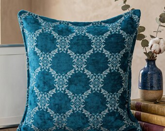 Handmade Blue Velvet Cushion Cover 45x45cm Geometric Decorative Pillow UK Seller