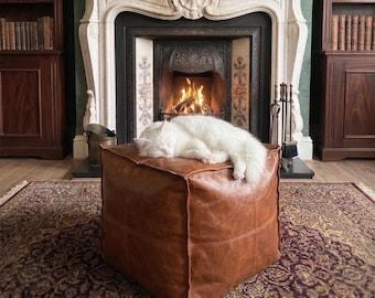 Vegan Leather Cube Pouf - Handmade Ottoman (Unstuffed) -Minimalist Decor for Living Room