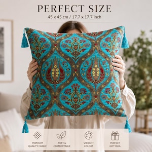 Turquoise Turkish Cushion Cover, Ottoman Decorative Pillow, Boho Tassel Throw Pillow