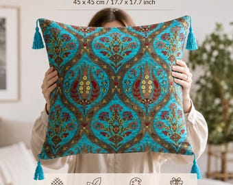 Turquoise Turkish Cushion Cover, Ottoman Decorative Pillow, Boho Tassel Throw Pillow