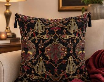 Ottoman Style Cushion Cover 45x45 cm Black Floral Tassel Sofa Pillow UK Decor