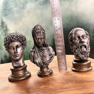 Veiled Lady, Hermes, Socrates Sculpture Set of 3, Hand Painted Greek Philosophers Statue, Unique Handmade Gift
