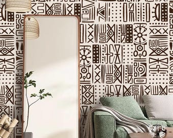 MODERN WALLPAPER, Beige Brown Wall Mural, Home Decor with African Patterns for Bedroom & Living Room, Traditional African Pattern Mural
