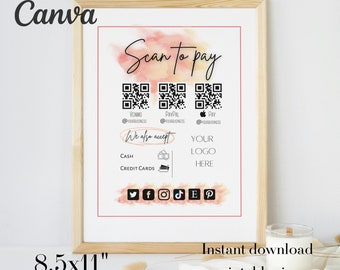 Modello di segno Scan to Pay, modello di scansione per pagamento stampabile, segno di scansione per pagamento modificabile, segno di pagamento, modello di segno di codice QR, paypal, venmo