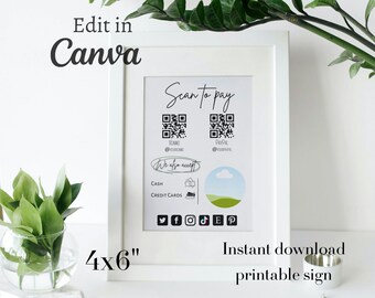 Modello di segno Scan to Pay, modello di scansione per pagamento stampabile, segno di scansione per pagamento modificabile, segno di pagamento, modello di segno di codice QR, paypal, venmo