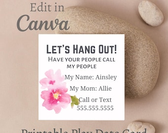 Play Date Card, Kids Calling Card, Printable Flower Design (Digital Download)