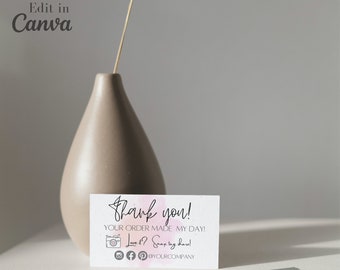 May include: A pink and white watercolour thank you card with the text "Thank you! Your order made my day! Love it? Snap and share! @YOURCOMPANY".
