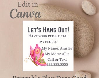 Play Date Card, Kids Calling Card, Printable Butterfly Design (Digital Download)