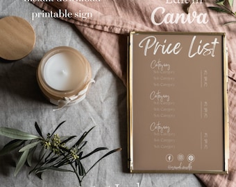 May include: A printable price list template in a gold frame on a brown linen background. The template is brown with white text and includes the words "Price List", "Category", "Sub Category", and "Edit in Canva". The template is 3.5x5 inches.